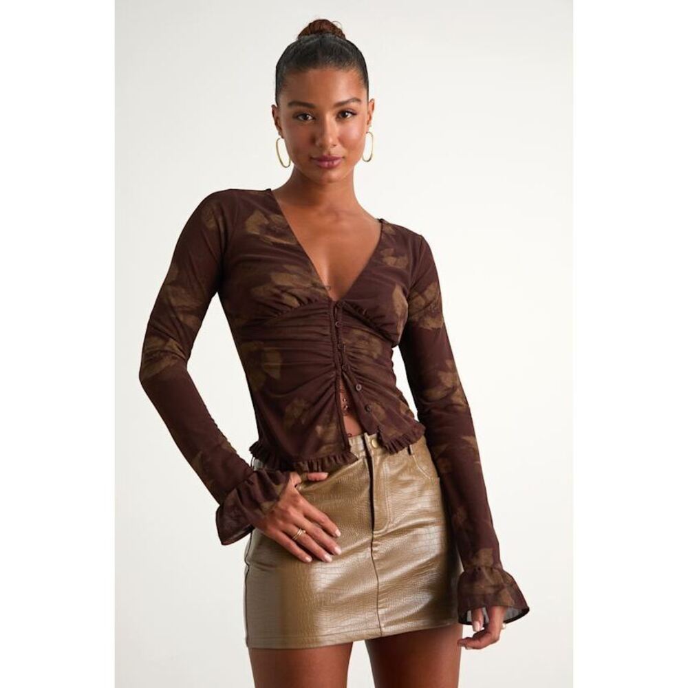 Lulus Excellent Mood Tan Croc-embossed Vegan Leather Mini Skirt Brown - Size XL